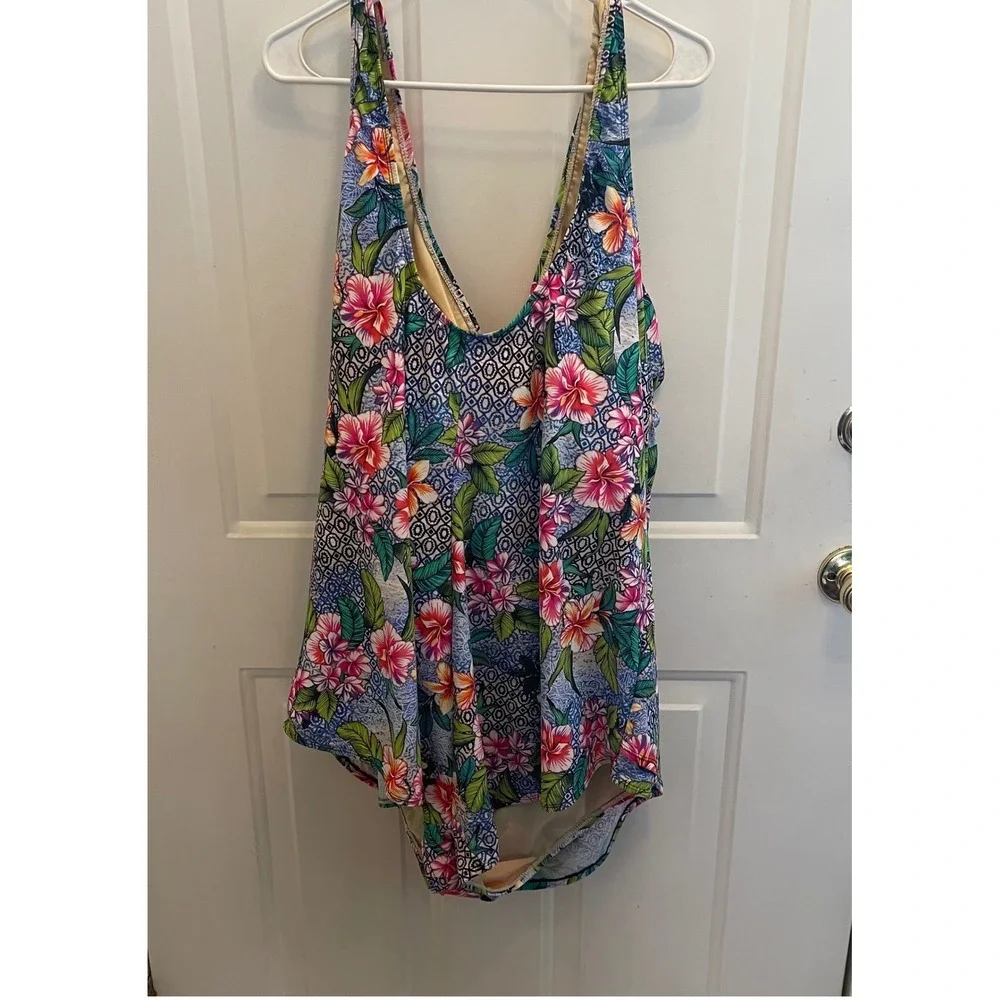 Swimsuits For All Floral Geometric One Piece Swimsuit Blue Pink Womens 34